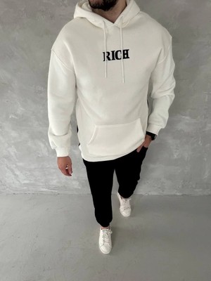 Hobilinka Erkek Üç Iplik Pamuklu  Kapüşonlu Göğüs Baskılı Sweatshirt - Beyaz