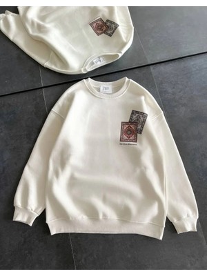 Hobilinka Kadın Bisiklet Yaka Baskılı Sweatshirt - Beyaz
