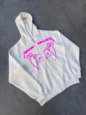 Hobilinka Kadın Üç Iplik Kışlık Baskılı Fermuarlı Kapüşonlu Hırka - Beyaz