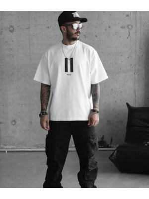 Hobilinka Erkek Bisiklet Yaka Baskılı Oversize T-Shirt - Beyaz