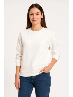 Hobilinka Kadın Üç Iplik Düz Bisiklet Yaka Sweatshirt - Beyaz