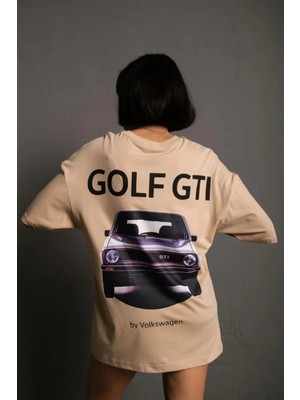 Hobilinka Kadın Oversize Tişört Golf Gtı Retro Araba Baskılı T-Shirt - Bej