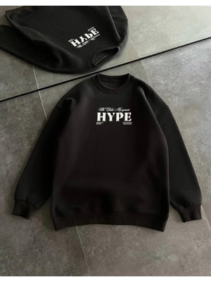 Hobilinka Kadın Üç Iplik Bisiklet Yaka Baskılı Sweatshirt - Siyah