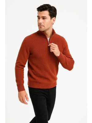 Hobilinka Erkek Yarım Fermuarlı Triko Kazak Selanik Örgü Dik Yaka Pamuklu Dokuma Regular - Kiremit