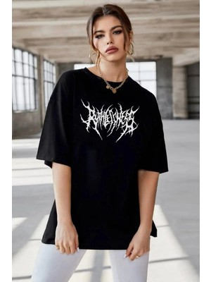 Hobilinka Kadın Baskılı T-Shirt Kısa Kol Bisiklet Yaka Oversize Rahat Kalıp Günlük Tişört   - Siyah