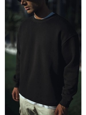 Hobilinka Erkek Pamuklu Bisiklet Yaka Üç Iplik Basic Sweatshirt - Siyah