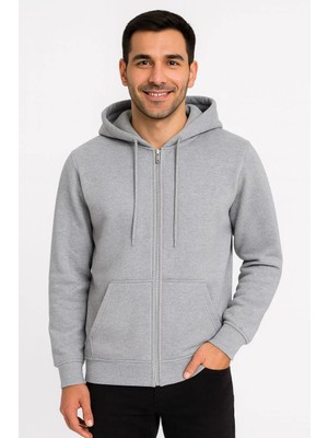 Hobilinka Erkek Üç Iplik Kapüşonlu Tam Fermuarlı Kanguru Çepli Sweatshirt Hoodie - Gri