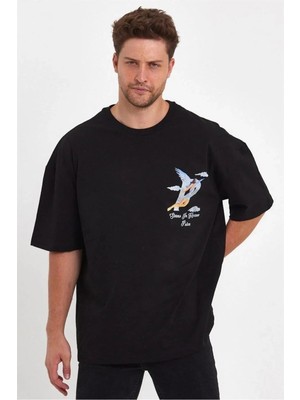 Hobilinka Erkek Melek Baskılı T-Shirt Kısa Kol Bisiklet Yaka Rahat Kalıp Günlük Tişört - Siyah