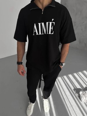 Hobilinka Erkek Yarım Fermuarlı  kısa Kol Baskılı T-Shirt - Siyah