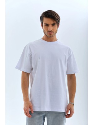 Hobilinka Erkek Oversize Düz Bisiklet Yaka T-Shirt - Beyaz