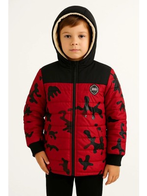Marsilyan Erkek Çocuk Kamuflaj Desenli Mont Içi Sıcak Tutan Pelüş Astarlı Kapüşonlu - Kırmızı