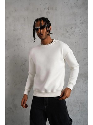 Hobilinka Erkek Düz Bisiklet Yaka Üç Iplik Pamuklu Sweatshirt - Beyaz