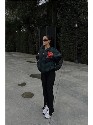 Hobilinka Kadın Pötikare Desen Nakışlı Kolej Ceket - Haki