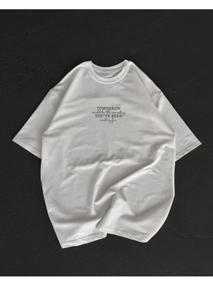 Hobilinka Kadın Baskılı T-Shirt Kısa Kol Bisiklet Yaka Oversize Rahat Kalıp Günlük Tişört   - Beyaz