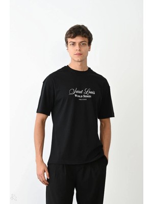 Hobilinka Erkek Baskılı T-Shirt Kısa Kol Bisiklet Yaka Regular Fit Rahat Kalıp Günlük Tişört - Siyah