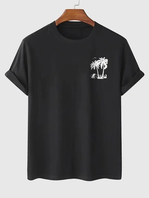 Hobilinka Erkek Palmiye Baskılı Bisiklet Yaka Kısa Kol Yazlık T-Shirt - Siyah