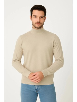 Hobilinka Erkek Yarım Boğaz Triko Kazak Yumuşak Dokulu Pamuklu Ince Dokuma Uzun Kollu Regular - Bej