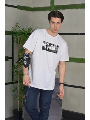 Hobilinka Erkek Bisiklet Yaka Baskılı Kısa Kol  Oversize T-Shirt - Beyaz