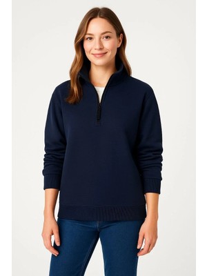 Hobilinka Kadın Üç Iplik Dık Yaka Yarım Fermuarlı Sweatshirt - Lacivert