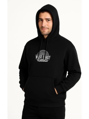 Hobilinka Erkek Kapşonlu Sweatshirt Oversize Üç Iplik Şardonlu West Coast Classics Ön Arka - Siyah
