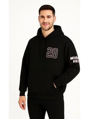 Hobilinka Erkek Kapşonlu Sweatshirt Üç Iplik Şardonlu Oversize Fit Ön Arka Baskılı Kanguru - Siyah