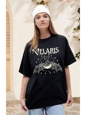 Hobilinka Kadın Bisiklet Yaka Baskılı T-Shirt - Siyah