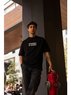 Hobilinka Erkek Bisiklet Yaka Baskılı Oversize  Kısa Kol T-Shirt - Siyah