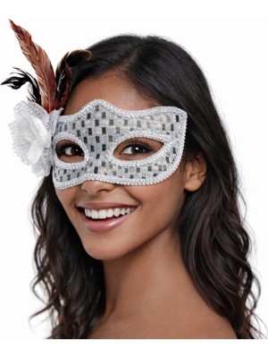Kuzgun Ticaret Gümüş Renk Tüylü Balo Maskesi Kadın Parti Aksesuarı