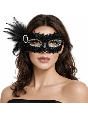 Kuzgun Ticaret Siyah Taşlı Venedik Parti Maskesi – Tüylü Payetli