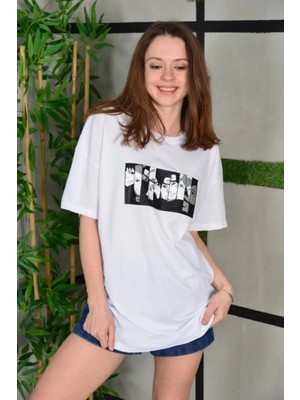 Hobilinka Kadın Bisiklet Yaka Baskılı  Kısa Kol Oversize T-Shirt - Beyaz