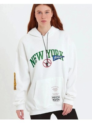 Hobilinka Kadın Baskılı Kapüşonlu  Üç Iplik Pamuklu Sweatshirt - Beyaz
