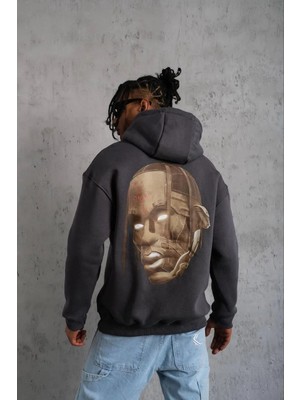 Hobilinka Erkek Kordonlu Arka Maske Kordon Saçlı Üç Iplik Pamuklu Kapüşonlu Sweatshirt - Füme