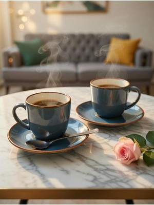 Gece Mavisi El Işçiliği 2 Kişilik Seramik Kahve Fincan Takımı - Özel Hediye Kutulu