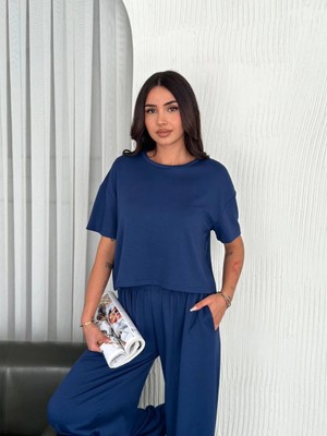Hobilinka Kadın Osy Modal Yumuşak Dokulu Kumaş Bisiklet Yaka T-Shirt Bol Paça Pantalon Ikili Takım -Saks