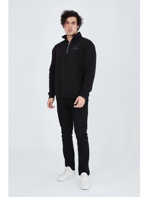 Hobilinka Erkek Yarım Fermuarlı Baskılı  Üç Iplik Pamuklu Sweatshirt   - Siyah