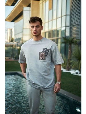 Hobilinka Erkek Bisiklet Yaka Kilim Baskılı  Kısa Kol Oversize T-Shirt - Boyalı Gri