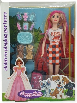 Kuzgun Ticaret Puppy Bella 30 cm Bebek ve Köpek Bakım Seti - Turuncu Elbise (Lisinya)