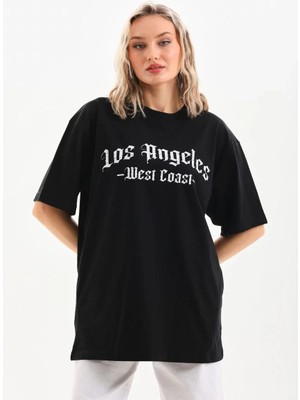 Hobilinka Kadın Baskılı Oversize T-Shirt - Siyah