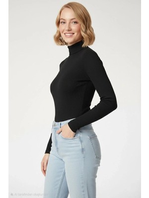 Hobilinka Kadın Tam Boğazlı Fitilli Likrali Kaşkorse Badi Ince Uzun Kollu Kazak - Siyah