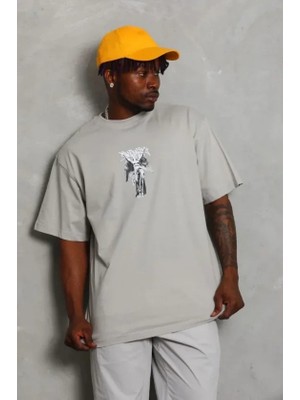 Defy Moda Erkek Baskılı T-Shirt Kısa Kol Bisiklet Yaka Regular Fit Rahat Kalıp Günlük Tişört - Gri