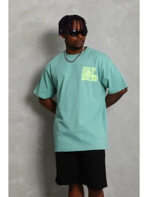 Defy Moda Erkek Baskılı T-Shirt Kısa Kol Bisiklet Yaka Regular Fit Rahat Kalıp Günlük Tişört - Mint Yeşili