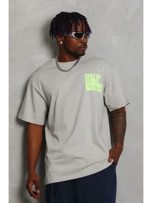 Defy Moda Erkek Baskılı T-Shirt Kısa Kol Bisiklet Yaka Regular Fit Rahat Kalıp Günlük Tişört - Gri