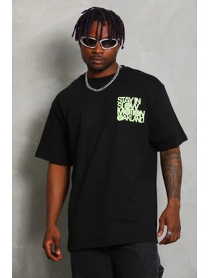 Defy Moda Erkek Baskılı T-Shirt Kısa Kol Bisiklet Yaka Regular Fit Rahat Kalıp Günlük Tişört - Siyah