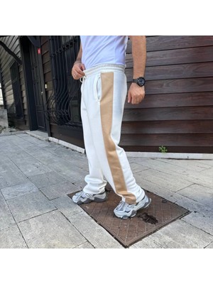 Infivento Erkek Üç Iplik Kışlık Pamuklu Yandan Garneli Kalın Bej Şeritli Cepli Eşofman Altı - Beyaz