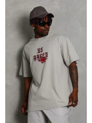 Defy Moda Erkek Baskılı T-Shirt Kısa Kol Bisiklet Yaka Regular Fit Rahat Kalıp Günlük Tişört - Gri