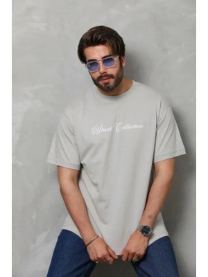 Defy Moda Erkek Baskılı T-Shirt Kısa Kol Bisiklet Yaka Regular Fit Rahat Kalıp Günlük Tişört - Gri