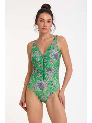 Argento Kadın Yeşil Çiçek Desenli Ince Kaplı Fermuar Detaylı V Yaka Mayo