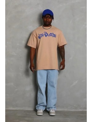 Defy Moda Erkek Baskılı T-Shirt Kısa Kol Bisiklet Yaka Regular Fit Rahat Kalıp Günlük Tişört - Bej