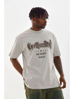 Defy Moda Erkek Baskılı T-Shirt Kısa Kol Bisiklet Yaka Regular Fit Rahat Kalıp Günlük Tişört - Gri