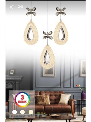 Aura Lıghtıng 3'lü Krom Badem Sarkıt 3renk LED Modern Salon/antre/yatakodası Avizesi(Beyaz Sarı Günışığı)